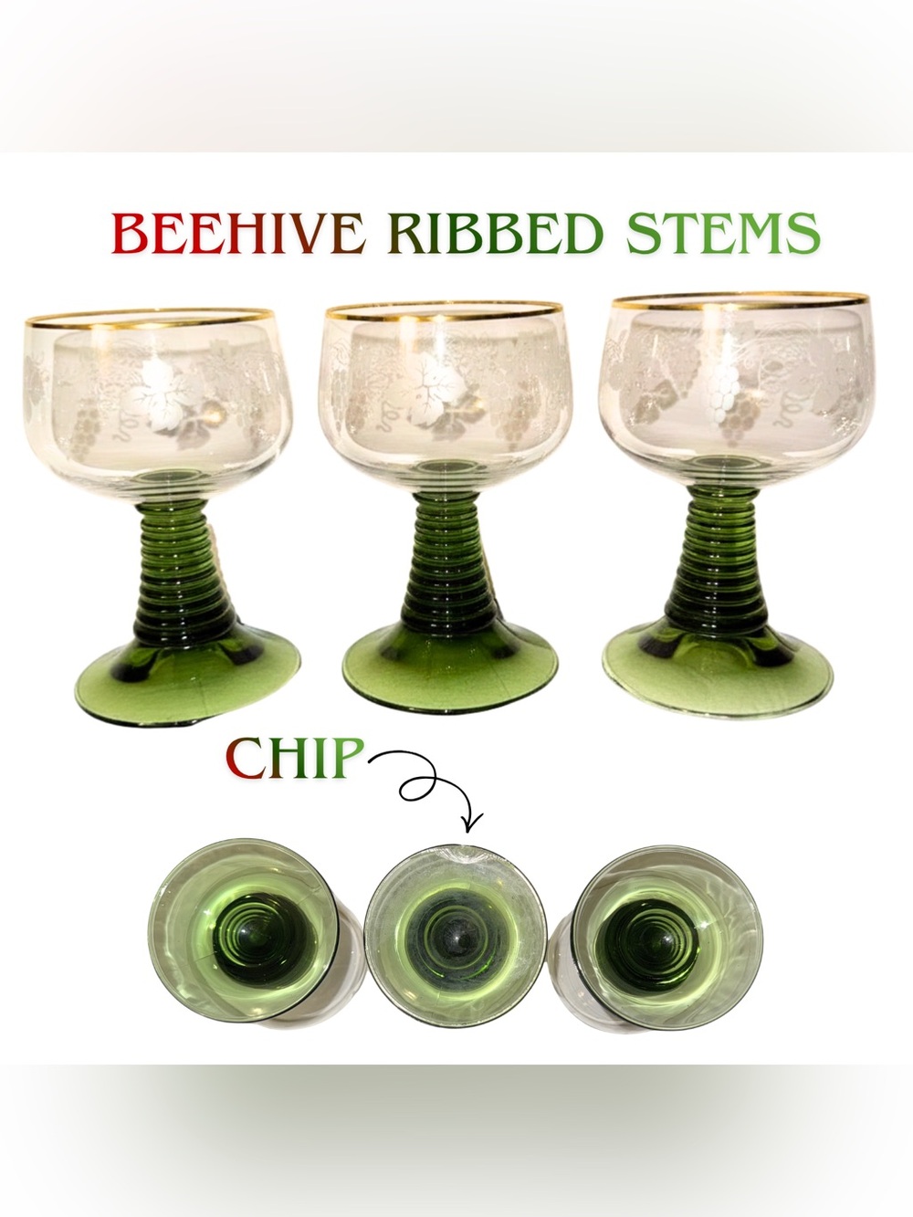 Vintage German Roemer Wine Glasses Set 3 Green Beehive Stem - Picture 2 of 5